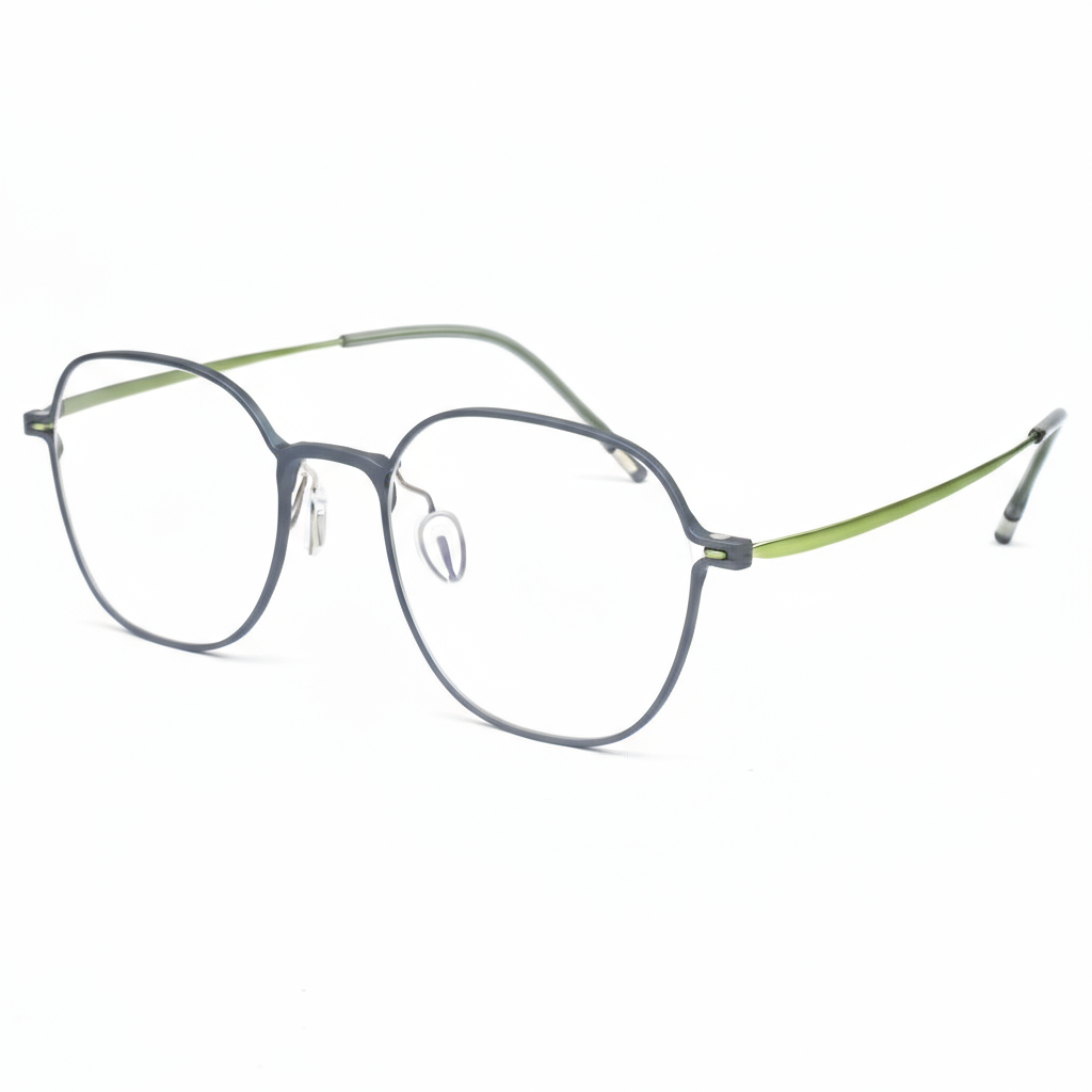 Eyeglasses with a green and gray frame on a white background