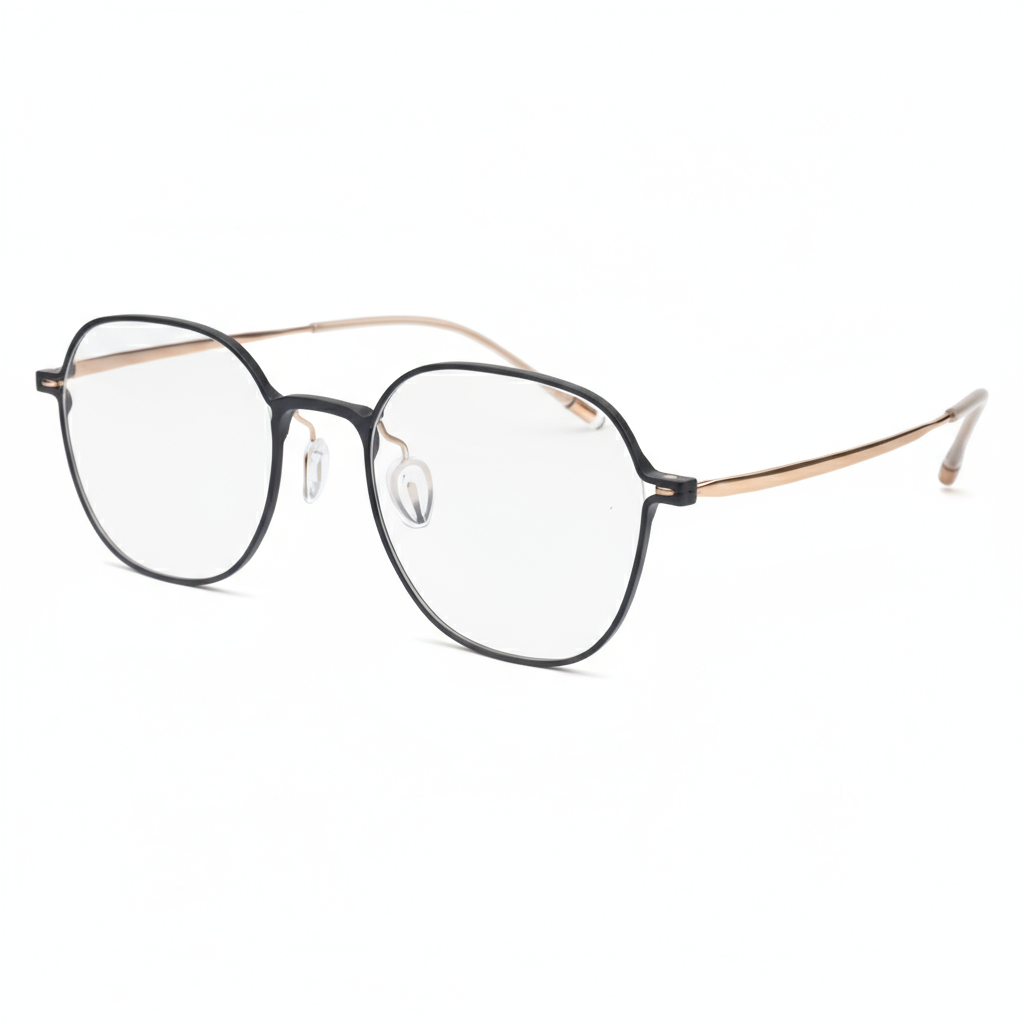 Round eyeglasses with black frame and gold accents on a white background