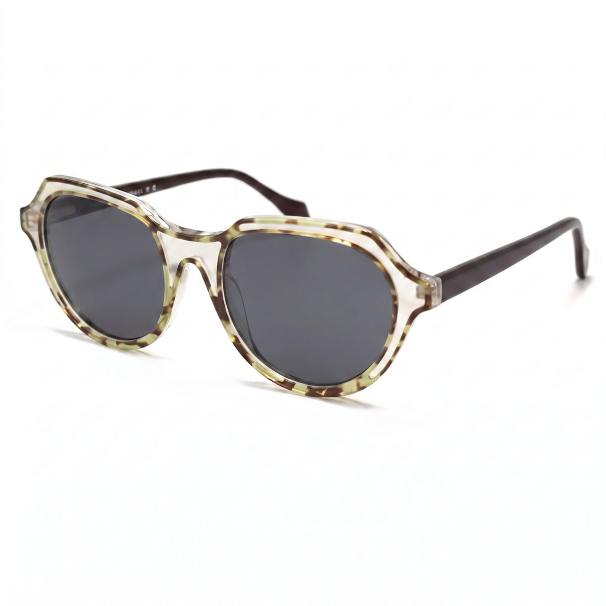Oversized sunglasses with a tortoiseshell patterned acetate frame, dark gray lenses, and dark brown temples, shown on a plain white background.