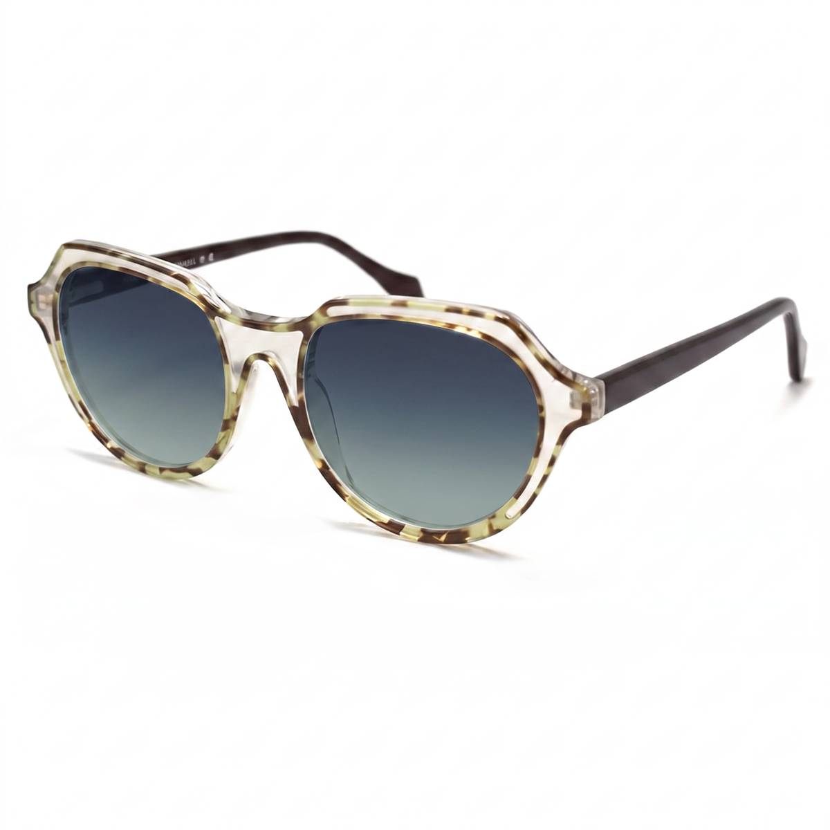 Oversized sunglasses with a translucent tortoiseshell acetate frame and dark gradient lenses, shown on a clean white background.
