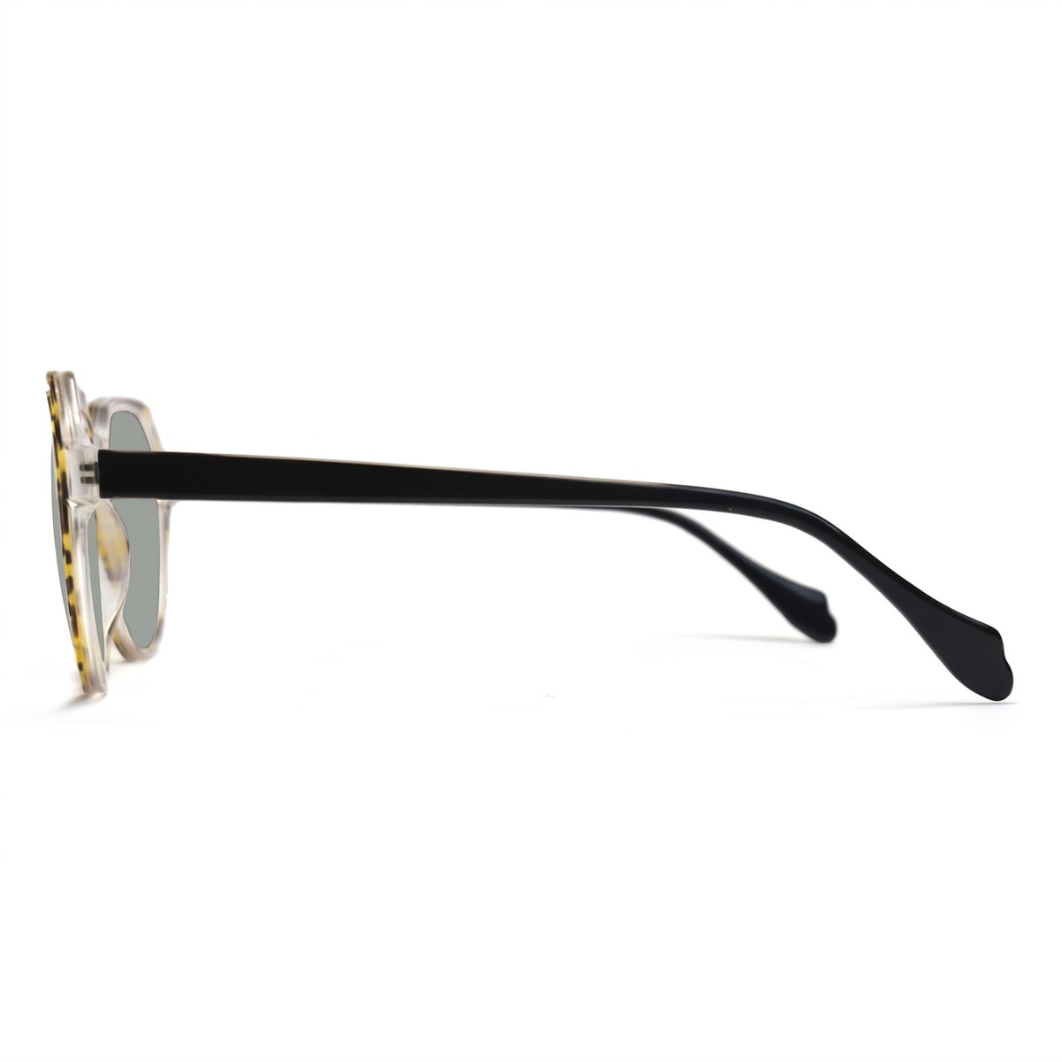 Side profile of a pair of sunglasses with a black temple arm, a gold and black patterned frame, and light gray lenses, shown on a white background.