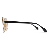 Side profile of a pair of sunglasses with black temples, clear acetate frames, and gold-toned rims, shown on a white background.