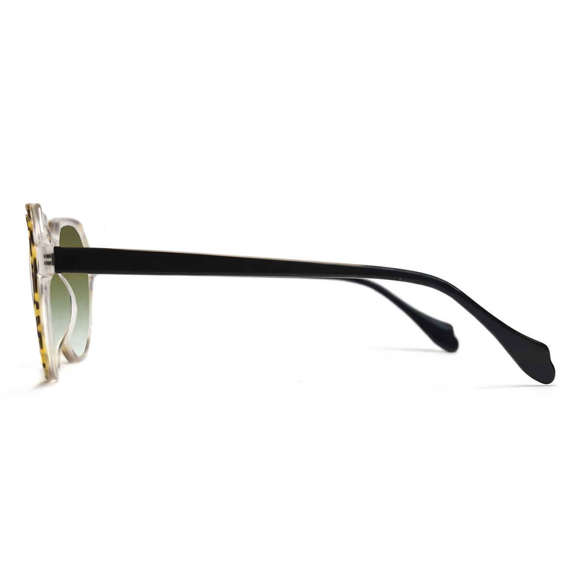 Side profile of a pair of sunglasses with a black acetate temple arm, a tortoiseshell acetate frame, and light green-tinted lenses, shown on a white background.