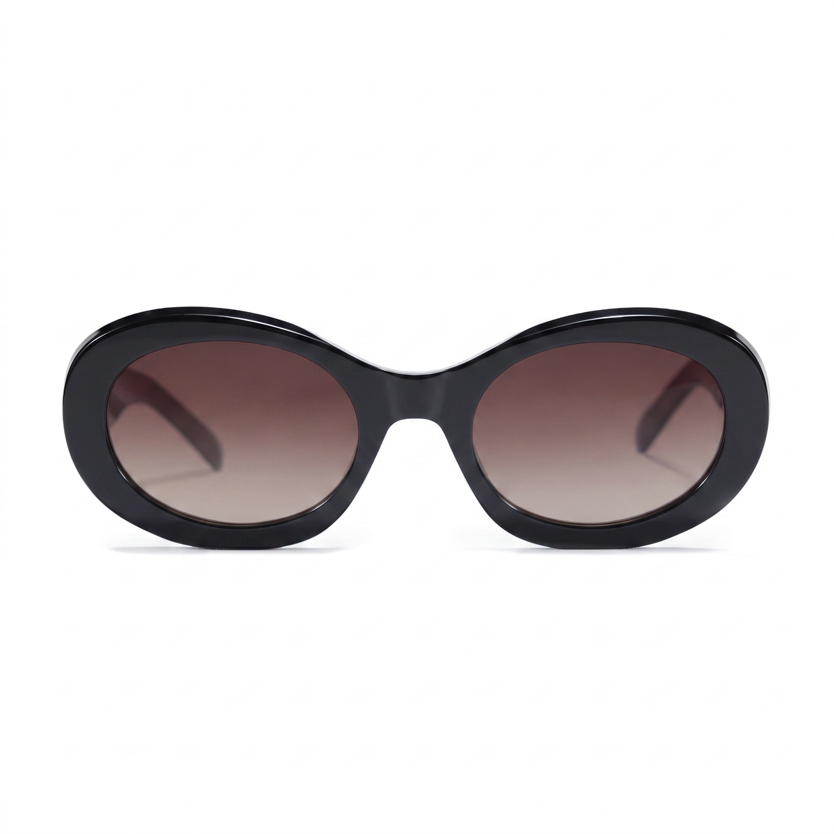 Oval sunglasses with a glossy black frame and brown gradient lenses, shown against a plain white background.