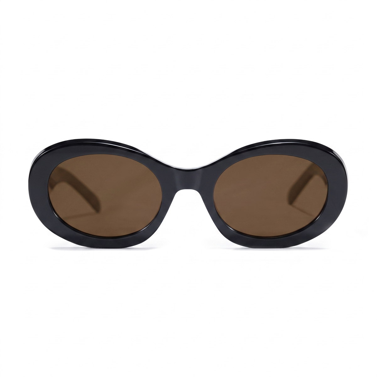 Oval sunglasses with a glossy black frame and brown lenses, shown from the front on a white background.