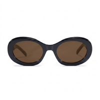Oval sunglasses with a glossy black frame and brown lenses, shown from the front on a white background.