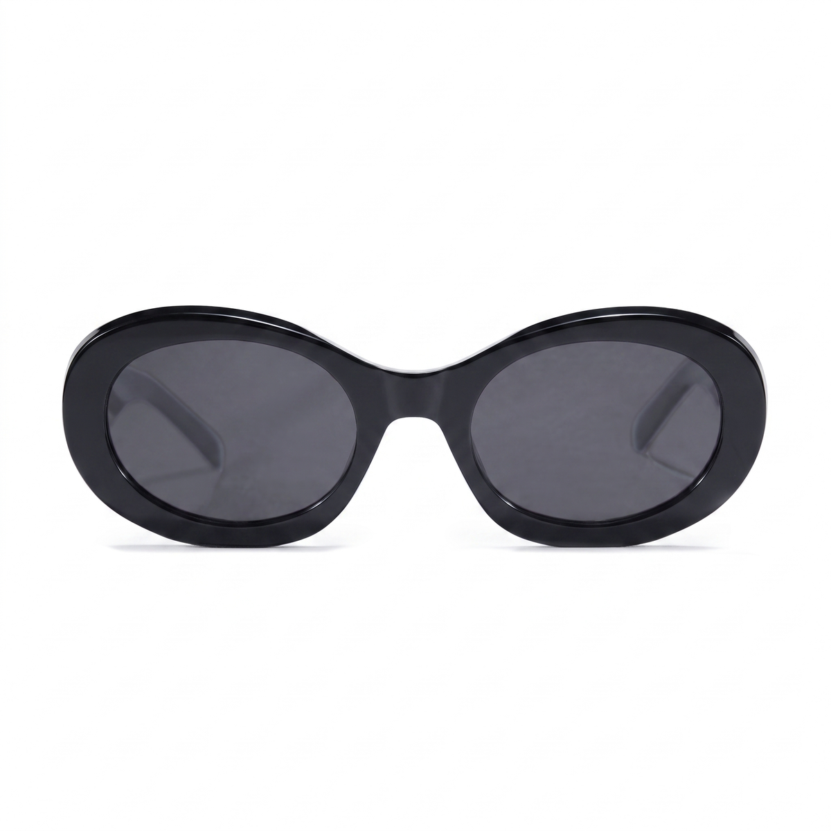 Oversized oval sunglasses with a glossy black frame and dark gray lenses, shown from the front on a white background.