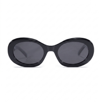 Oversized oval sunglasses with a glossy black frame and dark gray lenses, shown from the front on a white background.