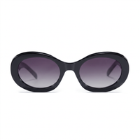 Oval sunglasses with a thick black frame and gradient gray-purple lenses, shown against a plain white background.