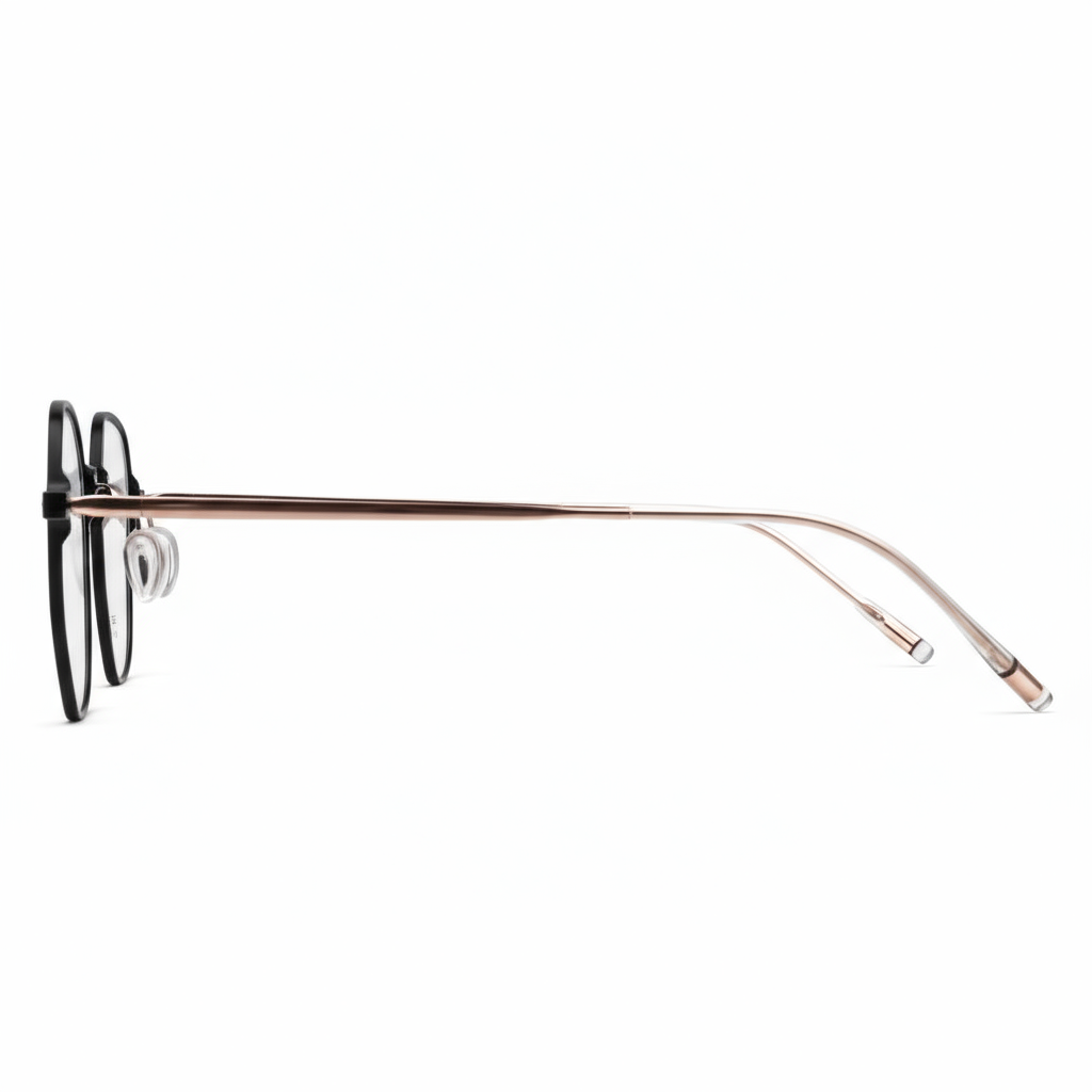 Eyeglasses with a rose gold frame on a white background