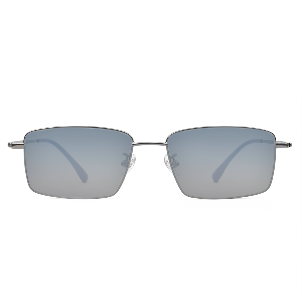 Sunglasses with blue-tinted lenses on a white background
