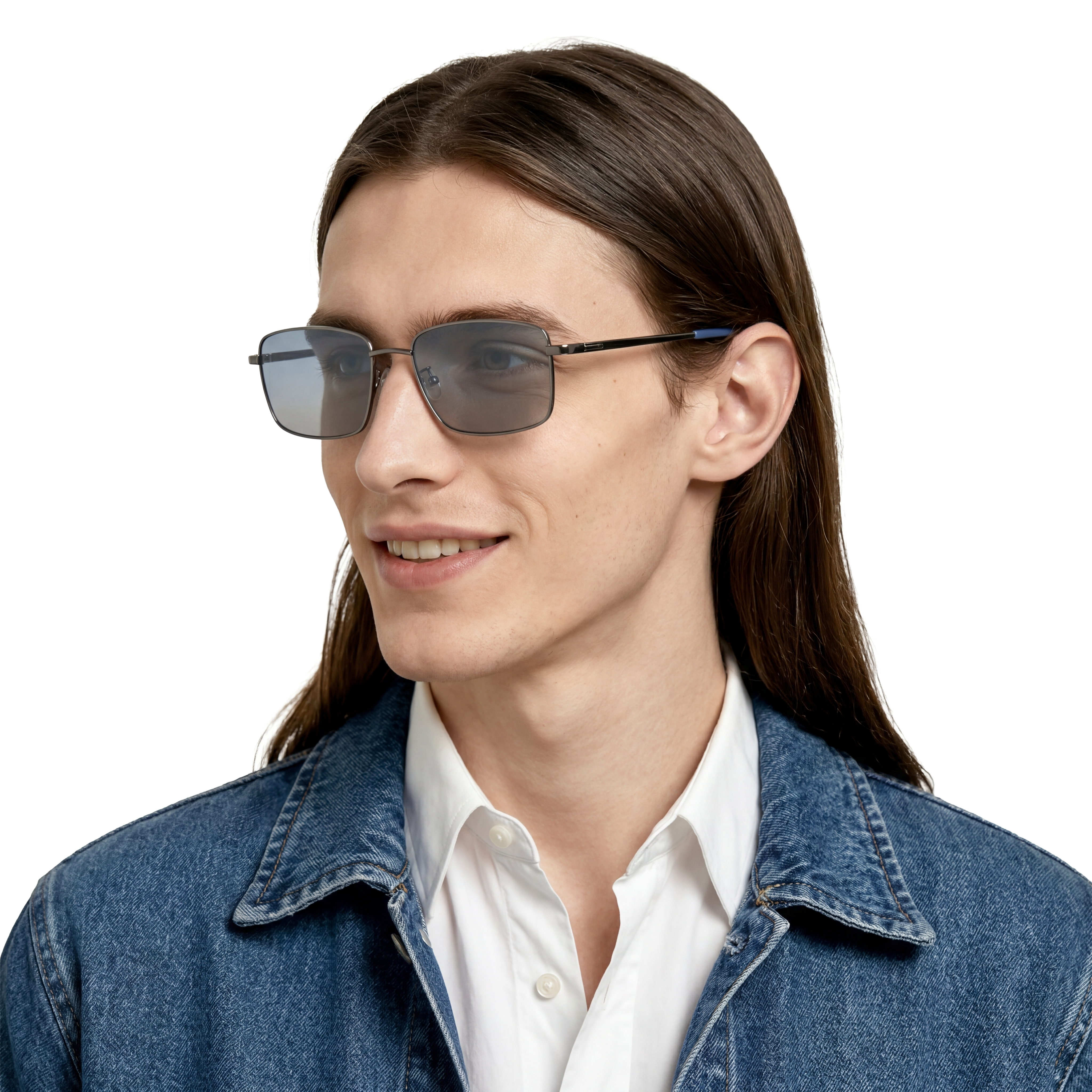 Woman wearing sunglasses and a denim jacket on a white background