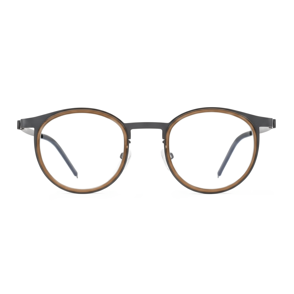 Round eyeglasses with a brown frame on a white background