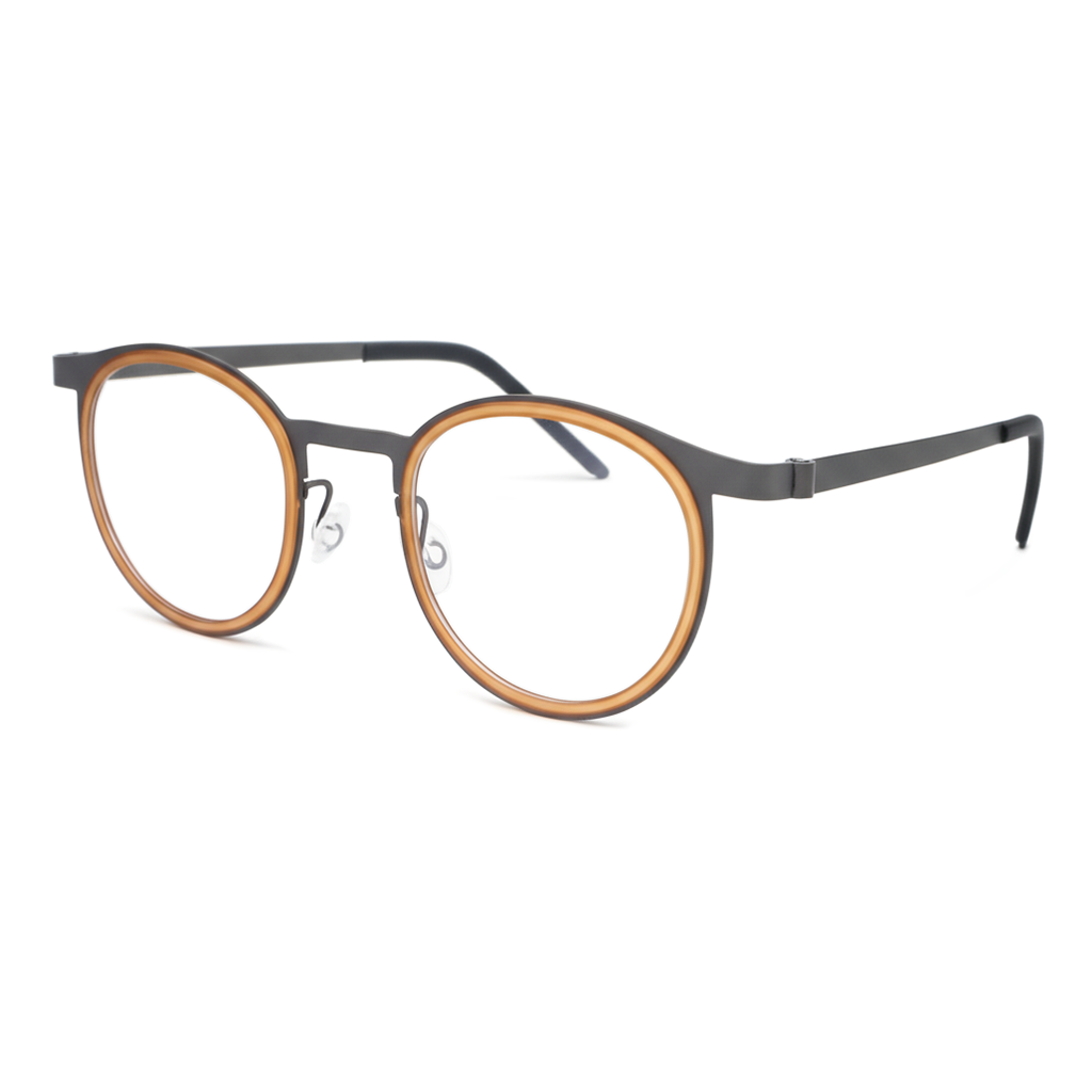 Round eyeglasses with a black and gold frame on a white background