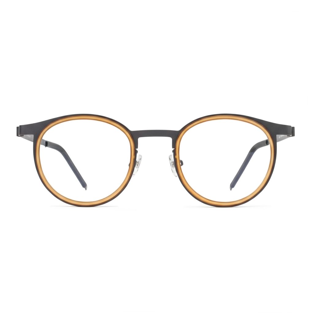 Round eyeglasses with a black and gold frame on a white background