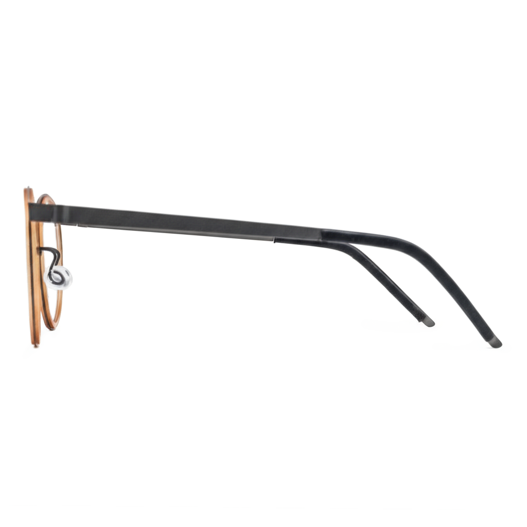 Eyeglass frame with black and bronze design on a white background