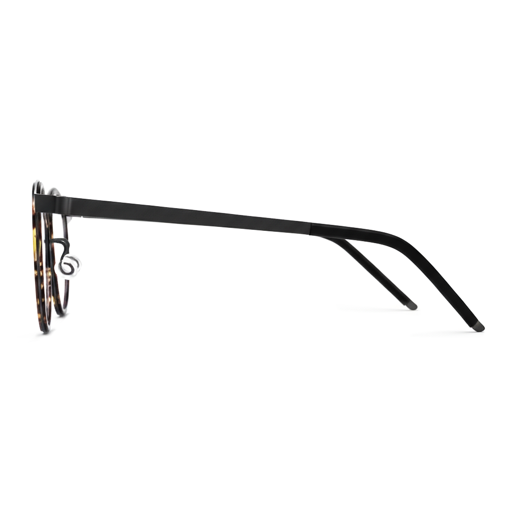 Black eyeglasses with tortoiseshell accents on a white background