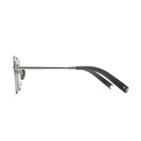Side profile of a pair of eyeglasses featuring a silver metal frame and textured black temple arms, shown against a plain white background.