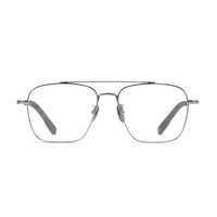 A pair of square aviator-style eyeglasses with a thin silver metal frame, clear lenses, and gray temple tips, shown against a plain white background.