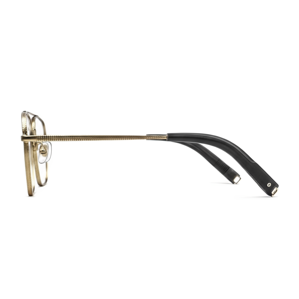 Eyeglasses with a black and gold frame on a white background