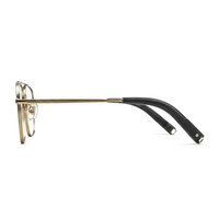 Eyeglasses with a black and gold frame on a white background