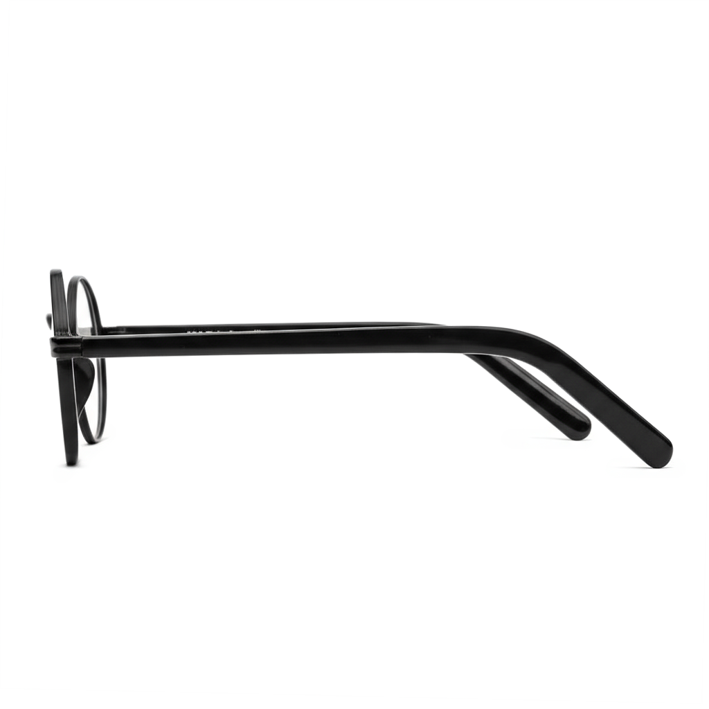 Silver rimless eyeglasses on a white background