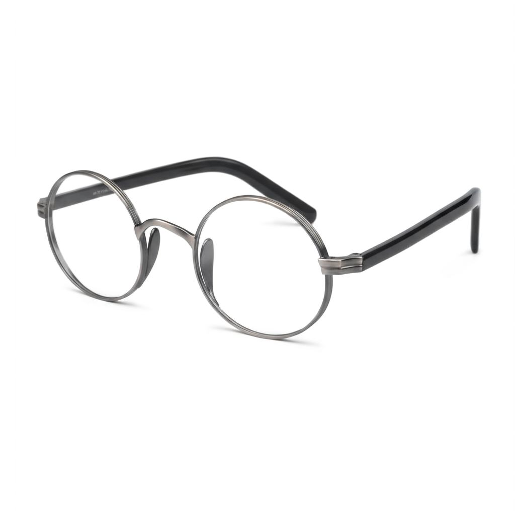 Round eyeglasses with a black frame on a white background