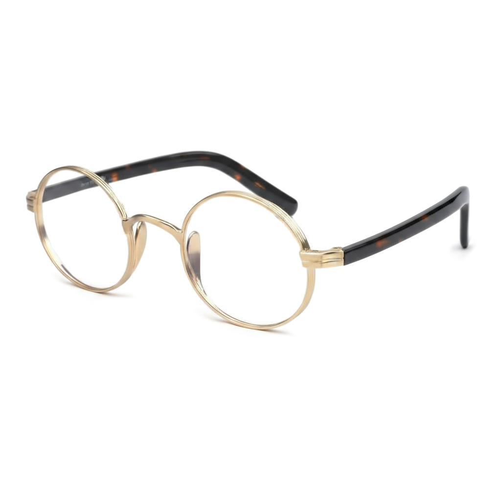 Round eyeglasses with gold frame and black accents on a white background