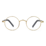 Round gold-framed glasses with gray earpieces on a white background