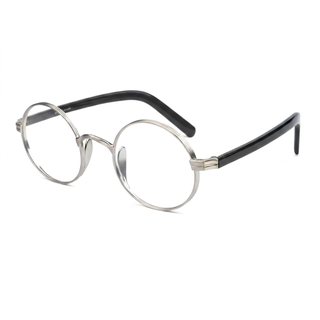 Round eyeglasses with a black and silver frame on a white background