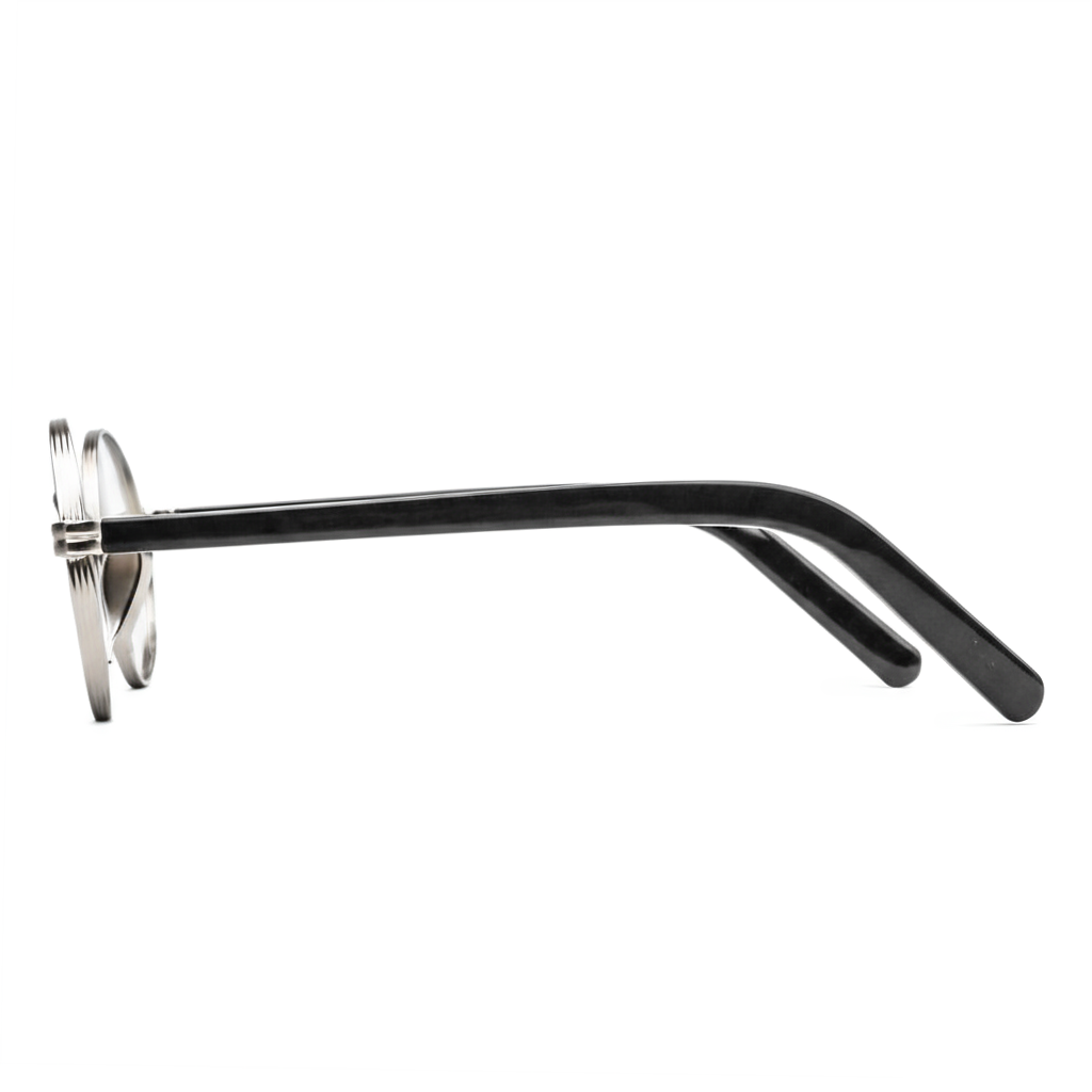 Black eyeglasses with silver frame on a white background