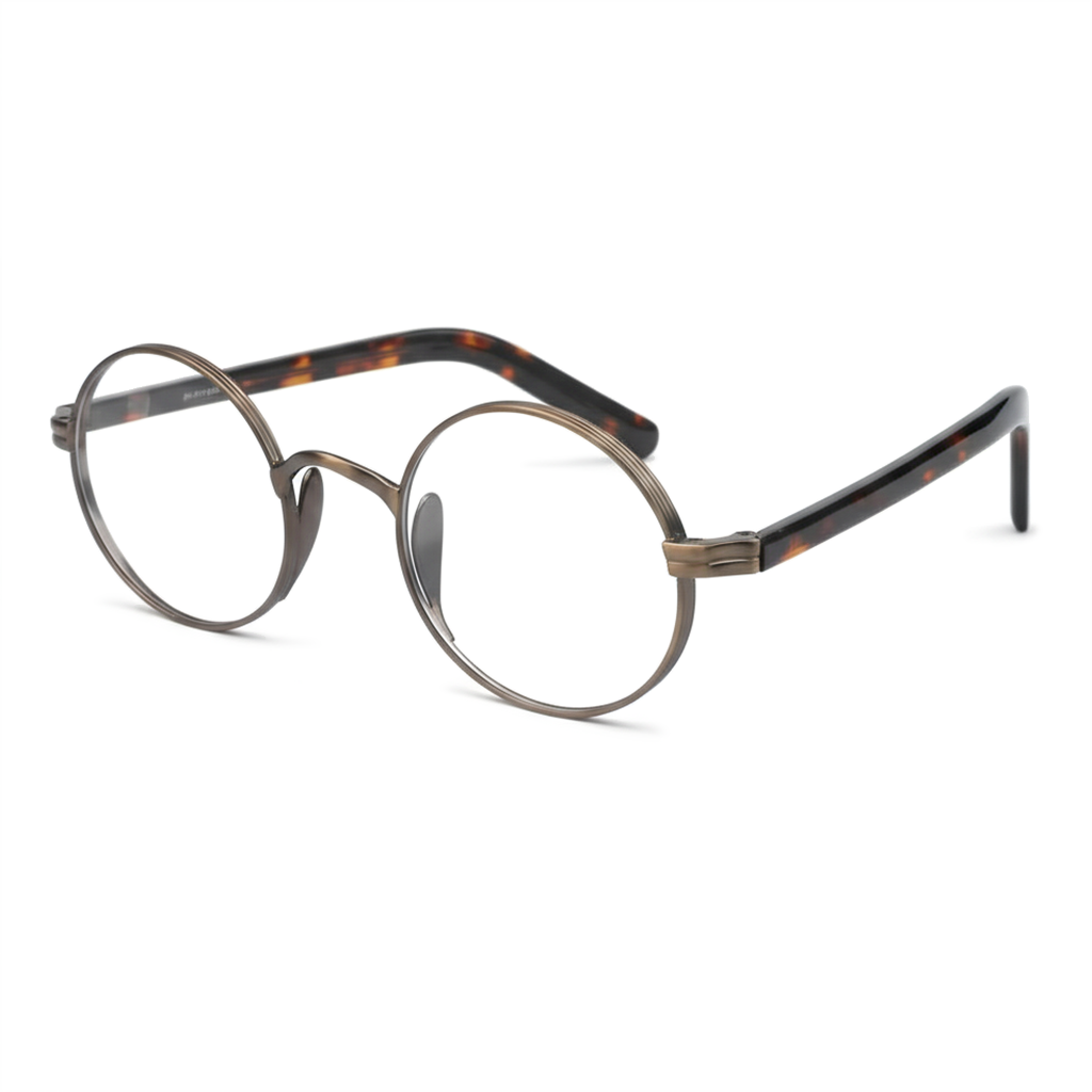 Round eyeglasses with a metallic frame on a white background