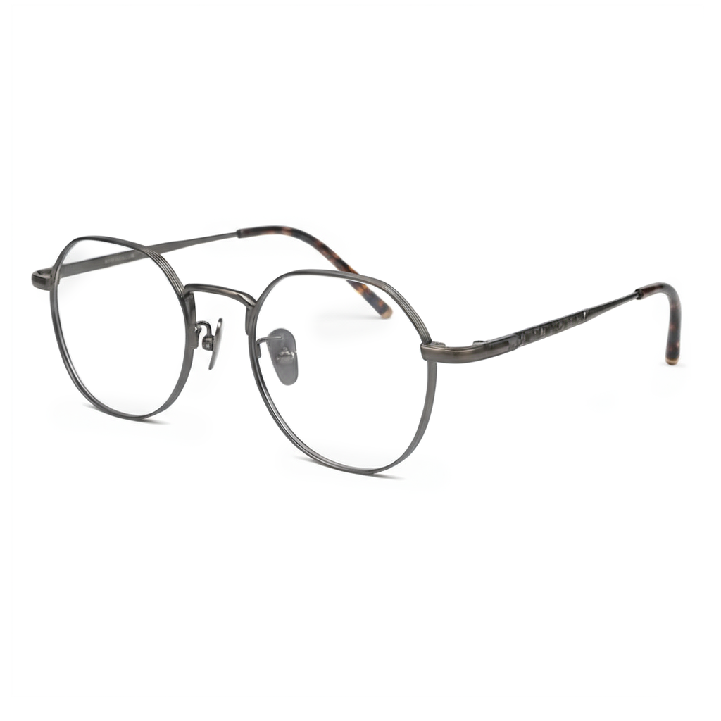 Round eyeglasses with thin metal frame on a white background