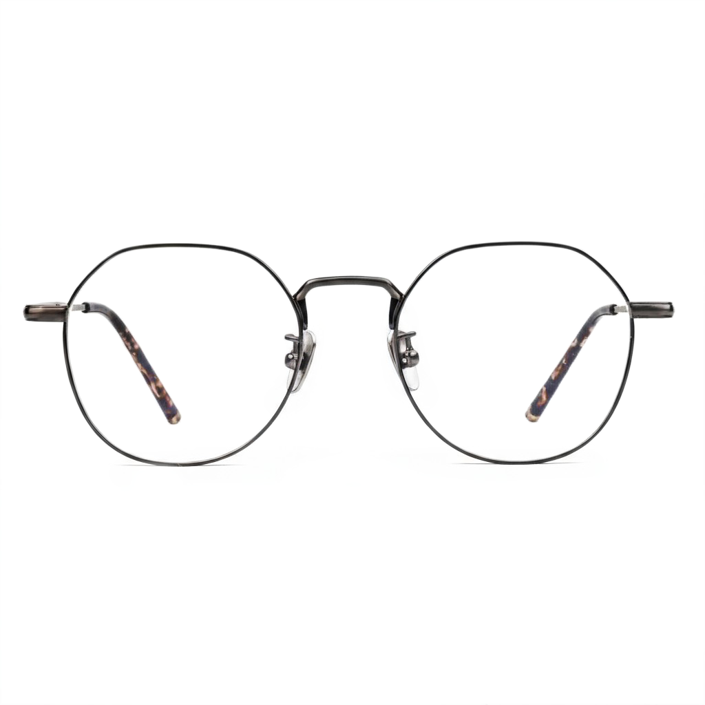 Round eyeglasses with a black frame on a white background
