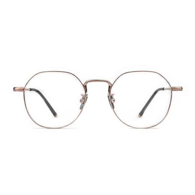 Round eyeglasses with gold frame and black temple tips on a white background