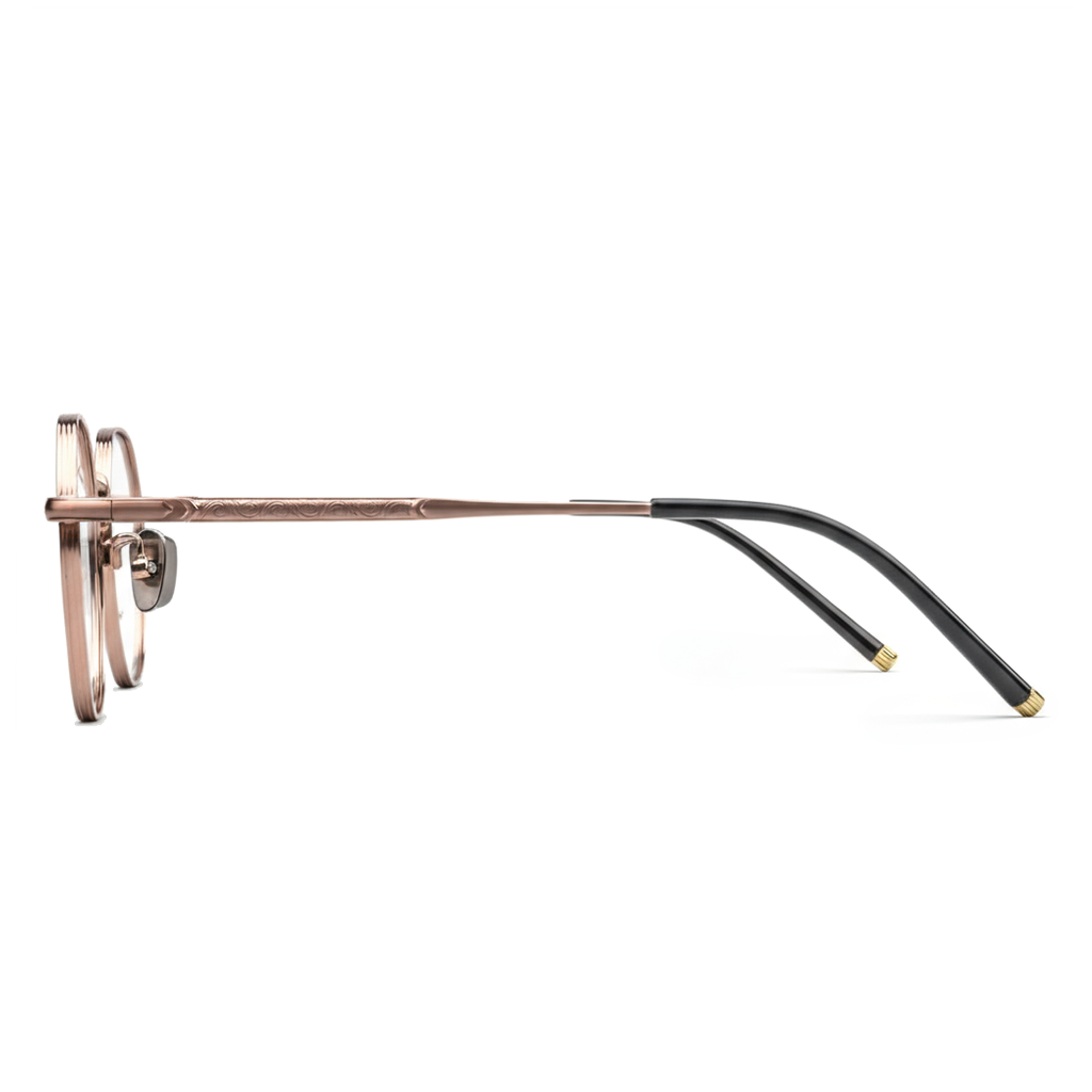 Eyeglasses with a rose gold frame and black arms on a white background
