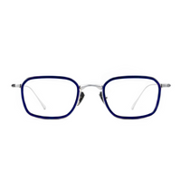 Blue eyeglasses with silver frames on a white background