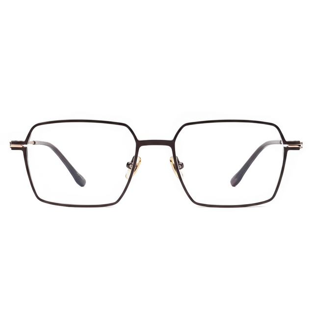 Rectangular eyeglasses with gold frame on a white background