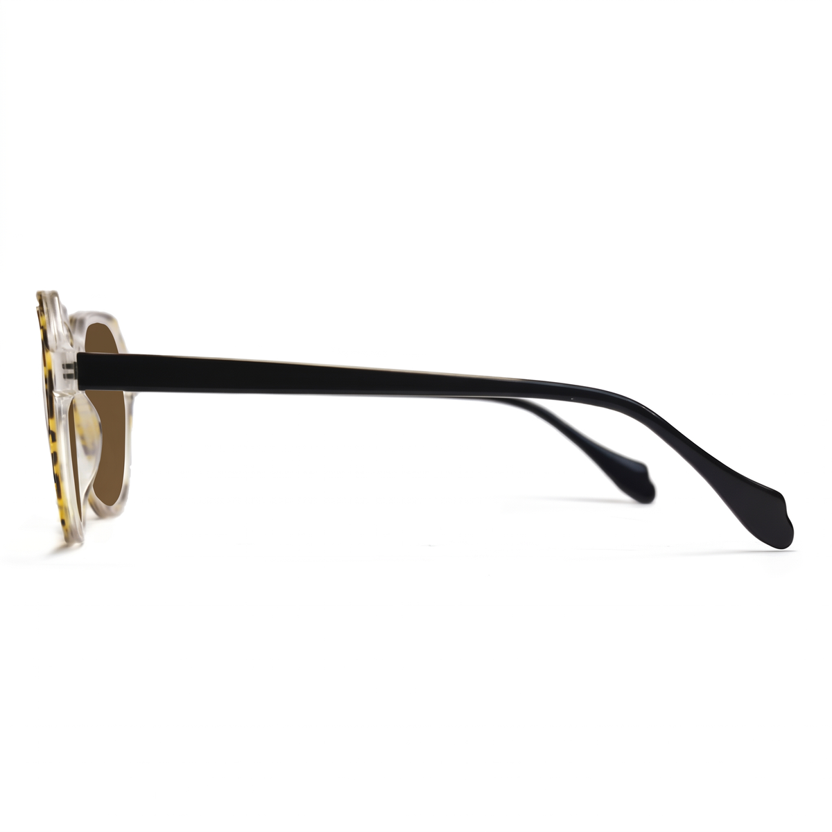 Side profile of a pair of sunglasses with a clear acetate frame, gold-toned rims, and black temples on a white background.