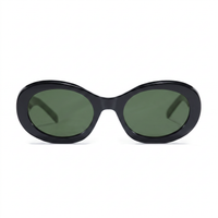 Oval sunglasses with a glossy black frame and dark green lenses, shown from the front on a plain white background.