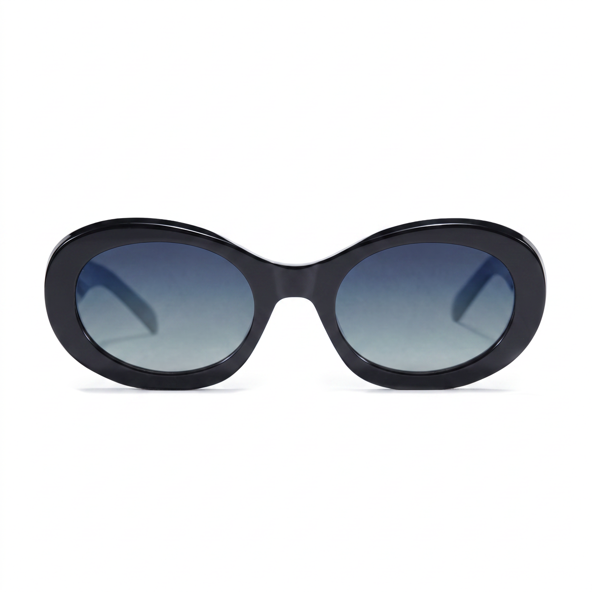 Oval sunglasses with a glossy black frame and gradient blue-gray lenses, shown against a plain white background.