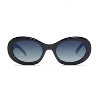 Oval sunglasses with a glossy black frame and gradient blue-gray lenses, shown against a plain white background.
