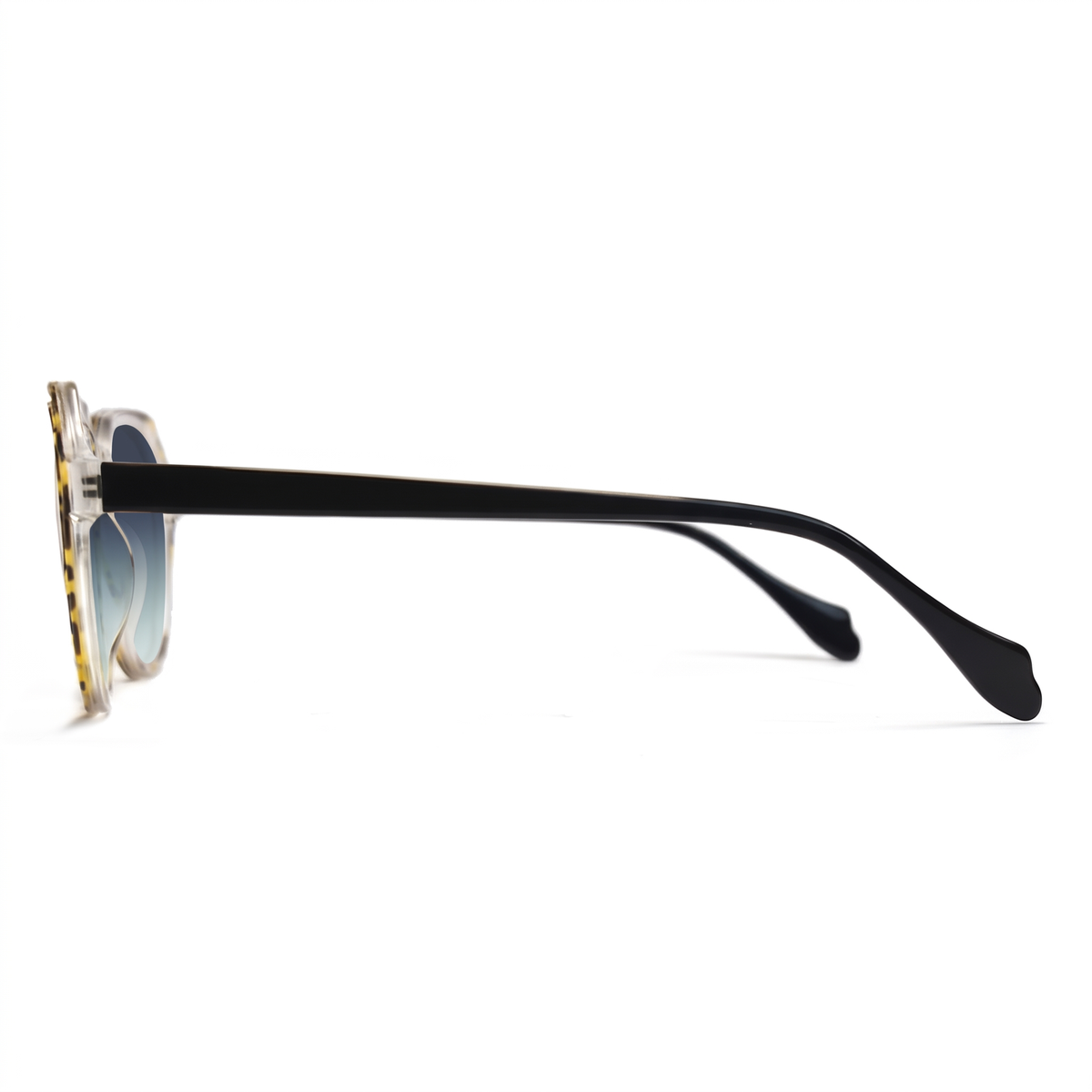 Side profile of a pair of sunglasses with a black acetate temple arm, a gold tortoiseshell frame, and light blue mirrored lenses, shown on a white background.
