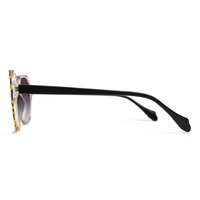 Side profile of a pair of sunglasses with a gold and black tortoiseshell frame, black temples, and dark lenses on a white background.
