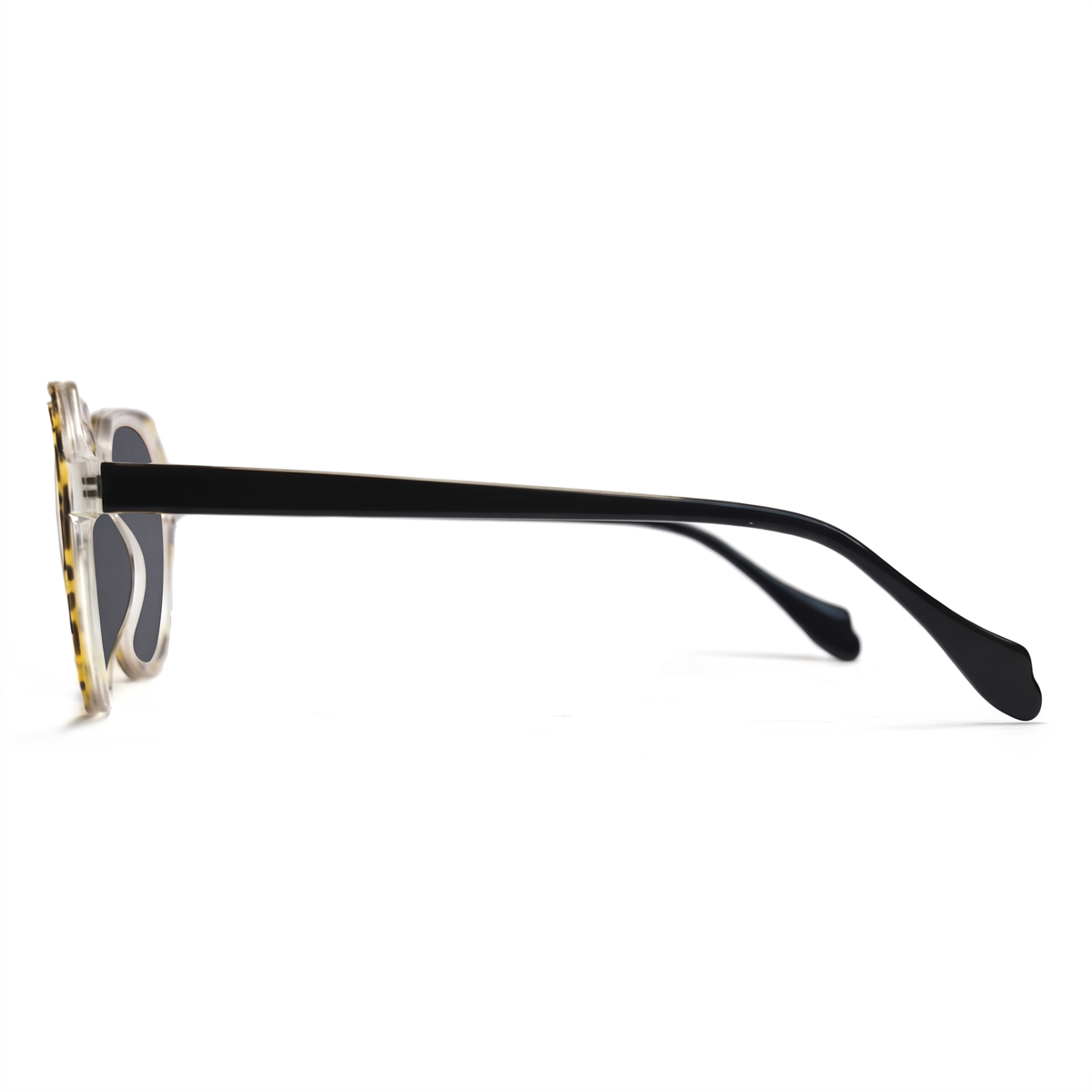 Side profile of a pair of sunglasses with a black acetate temple arm, a gold-toned tortoiseshell patterned frame, and dark lenses, shown on a white background.