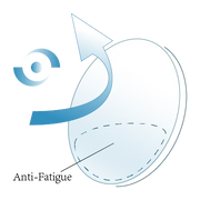 Anti-fatigue product with blue arrow and circular design on a white background