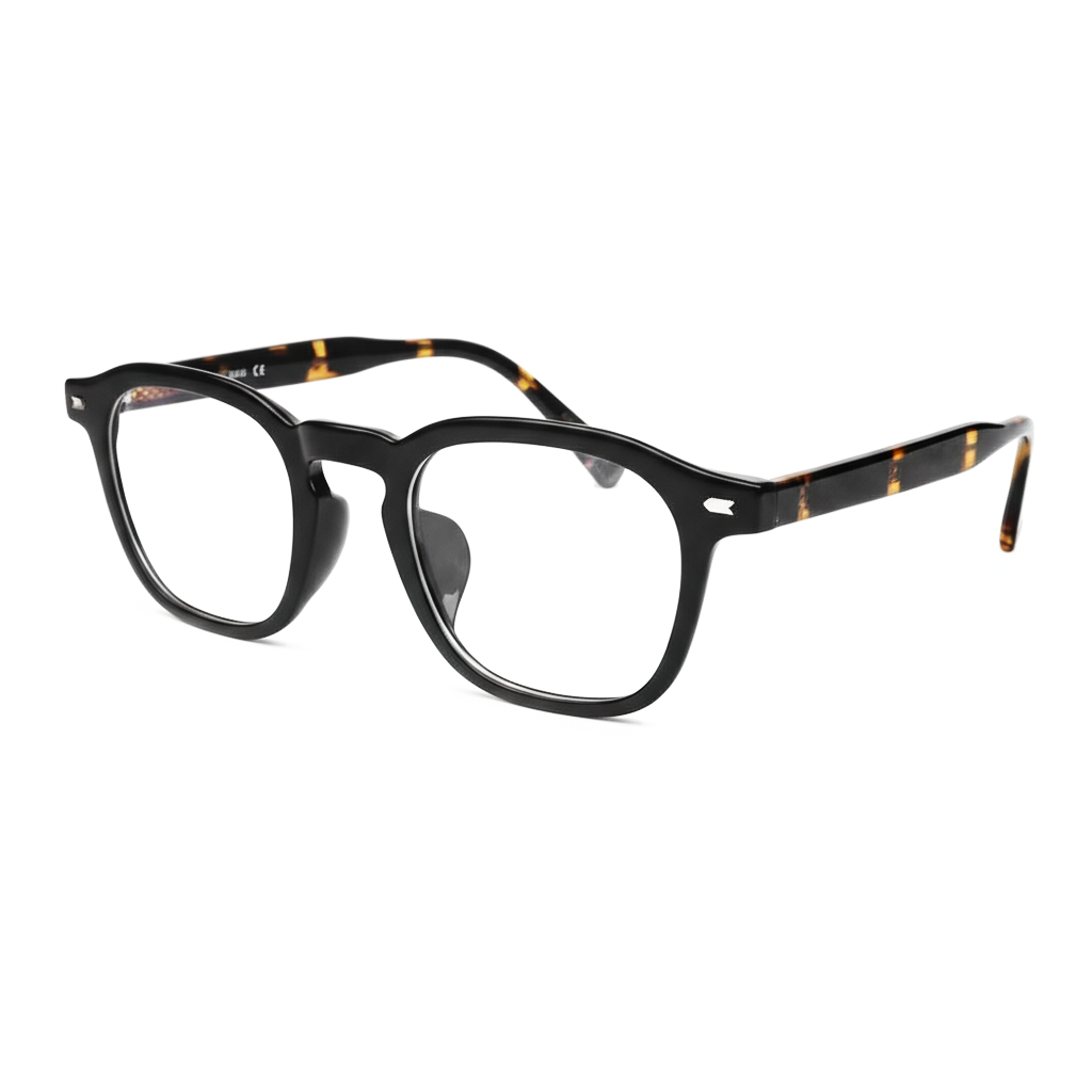 Black eyeglasses with tortoiseshell accents on a white background