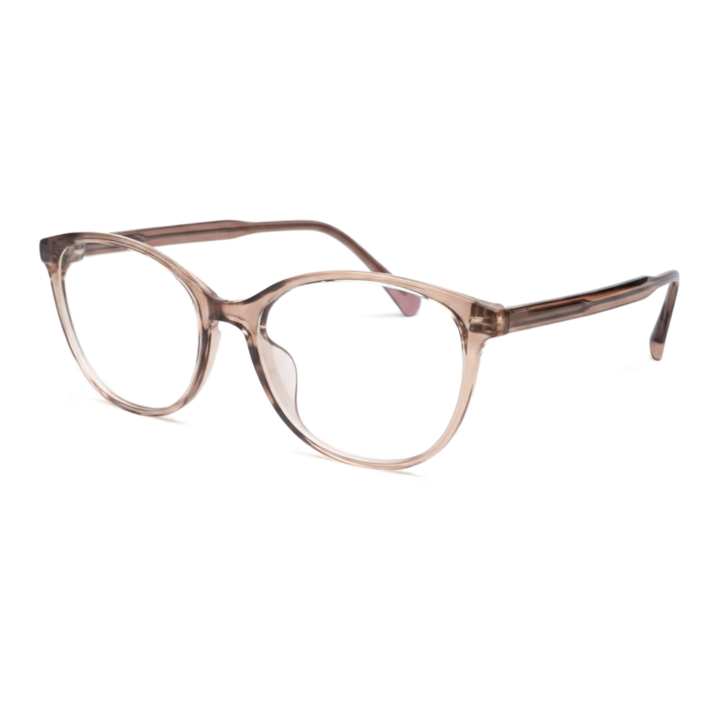 Pair of eyeglasses with a brown frame on a white background