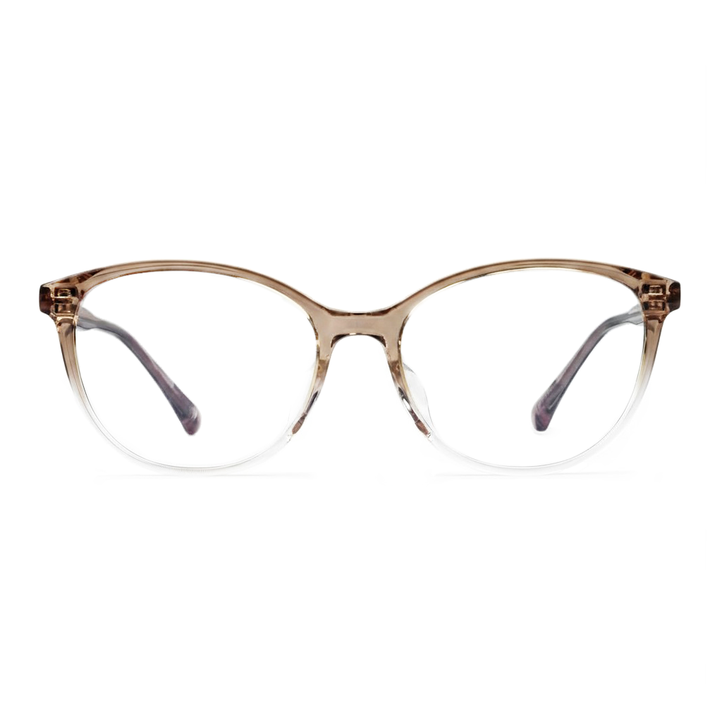Cat-eye glasses with a brown frame on a white background