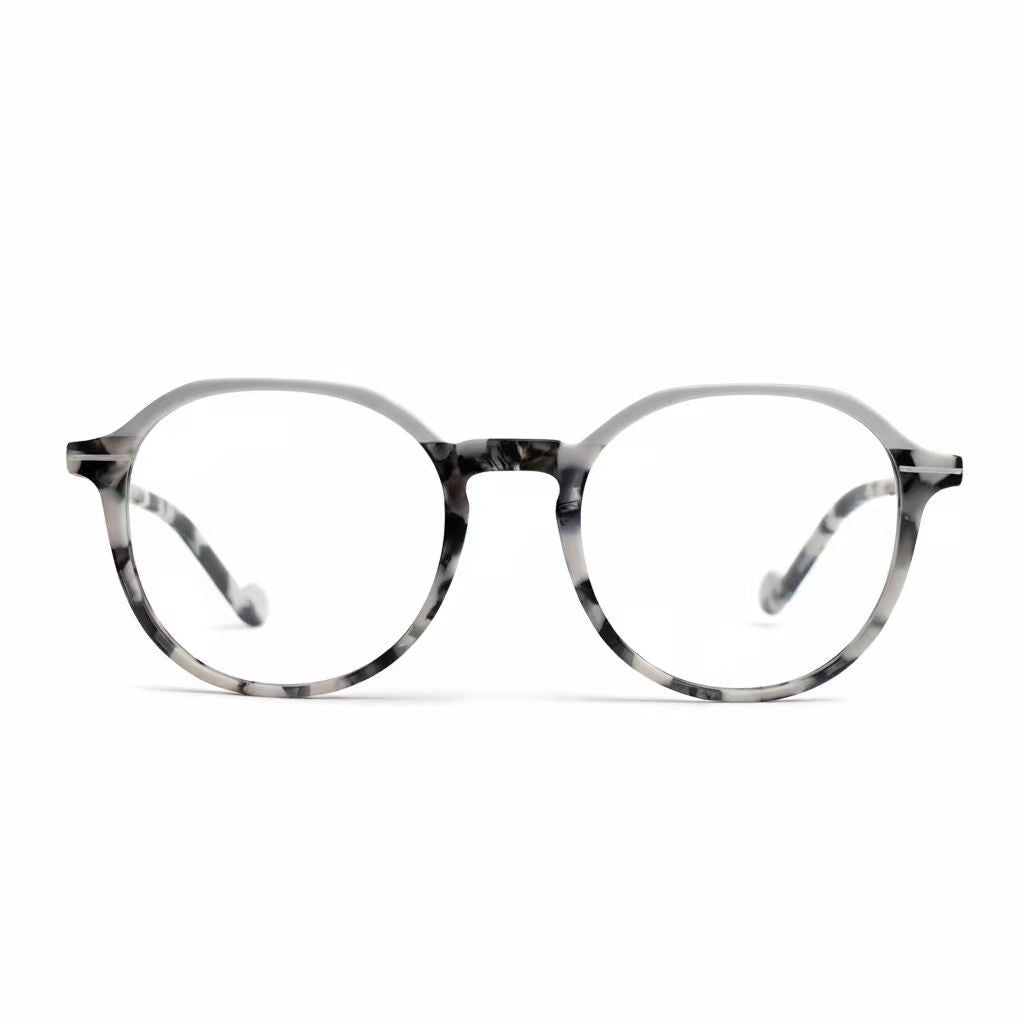 Round eyeglasses with a gray and black tortoiseshell pattern on a white background
